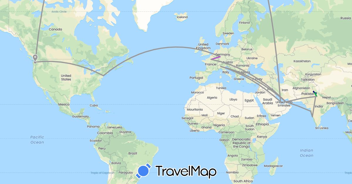TravelMap itinerary: driving, bus, plane, train in United Arab Emirates, Germany, France, India, Italy, Qatar, United States (Asia, Europe, North America)